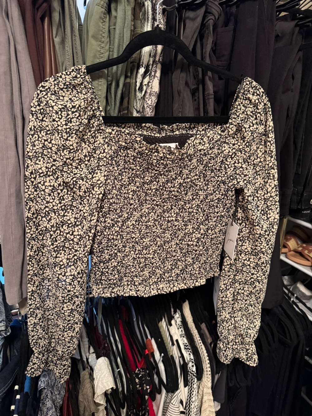Japna Black & Cream Floral Square-Neck Puff Sleeve Crop Top